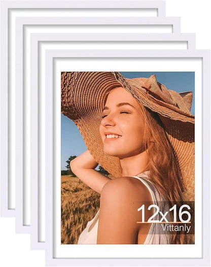 Vittanly 12x16 Picture Frames Set of 4, Display Pictures 11x14 with Mat or 12x16 without Mat, Gallery Frame for Wall Display, Engineered Wood with Shatter Resistant Plexiglass, White
