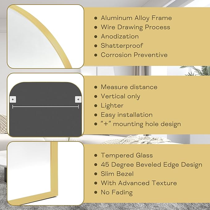Modern Large Wall Mirror, Modern Mantel Minimalist Home Decor, Brushed Gold Metal Framed Arched Mirror for Living Room, Bedroom, Fireplace, Mantle, Entryway, Bathroom, 36