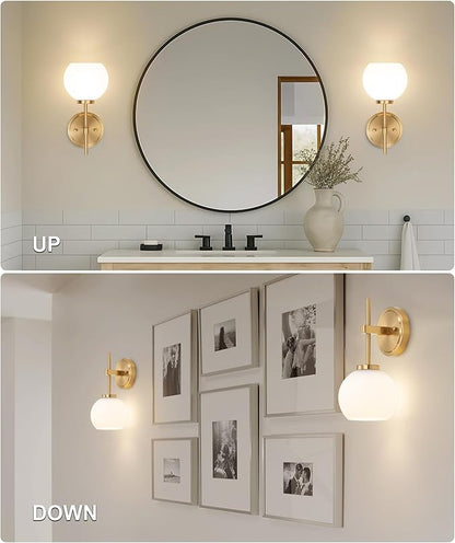 Gold Battery Operated Wall Sconce Set of 2, Wireless Rechargeable Sconces Wall Lighting with Remote Control, LED Dimmable Wall Lights with Opal White Glass Shade, 12 Colors RGB & 3 CCT Bulb
