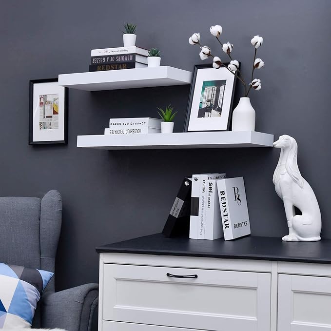 WELLAND 36 inch White Mission Floating Shelves for Wall, Bathroom Wall Mount Shelves, Wood Modern Display Shelves, Book Shelves,for Bedroom,Living Room and Kitchen
