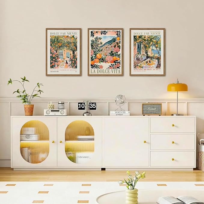 Italy Travel Wall Art Set of 3, Amalfi Coast Wall Decor, Trendy Italian Food Kitchen Poster Canvas Prints, Vintage City Landscape Artwork for Dining Room Living Room 12x16 inch Wood Framed
