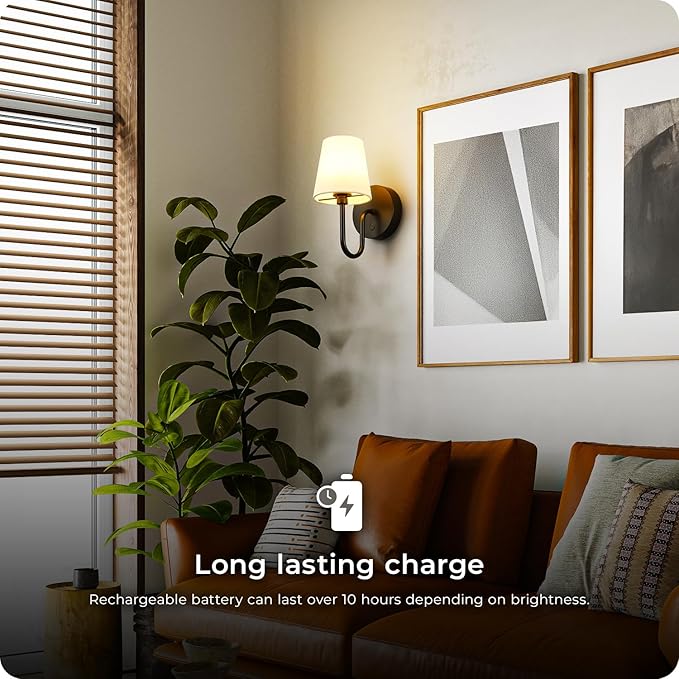 Globe Electric 65000132 Rechargeable Battery Wall Sconce, Integrated LED, Matte Black Finish, White Fabric Shade, 3-Step Touch Dimming, Timer, USB-C Charging, Wireless Modern Lighting