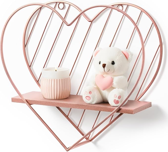 Afuly Floating Shelves for Wall, Cute Heart Wall Shelf Pink Funky Organizer Small Hanging Trinket Storage Aesthetic Room Decor for Bedroom Bathroom Hallway Entryway Vanity, Rose Gold