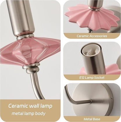 Modern Retro Wall sconces Set of Two with Pink Ceramic Flower Decoration,Brushed Nickel Wall Lights, Hardwired Vintage Vanity Light for Bathroom, Living Room, Bedroom, and hallways.
