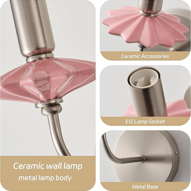 Modern Retro Wall sconces Set of Two with Pink Ceramic Flower Decoration,Brushed Nickel Wall Lights, Hardwired Vintage Vanity Light for Bathroom, Living Room, Bedroom, and hallways.