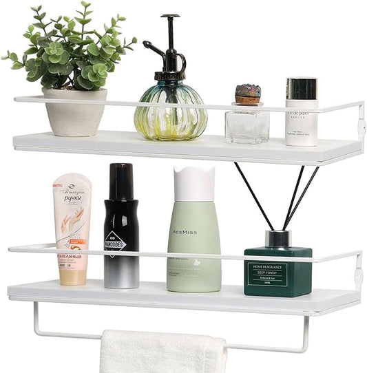 Floating Bathroom Wood Shelves Set of 2 Wall Mounted Shelf with Black Metal Frame and Towel Rack for Bathroom Over Toilet Storage and Organizers for Bedroom Living Room Kitchen Office(White)