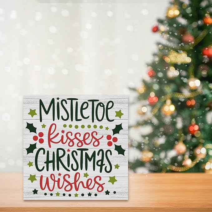 Christmas Decor Christmas Sign Decorations for Home Mistletoe Kisses Xmas Wishes Sign for Home Office Desk Table Cubicle Shelf Xmas Desk Accessories 5 x 5 inch