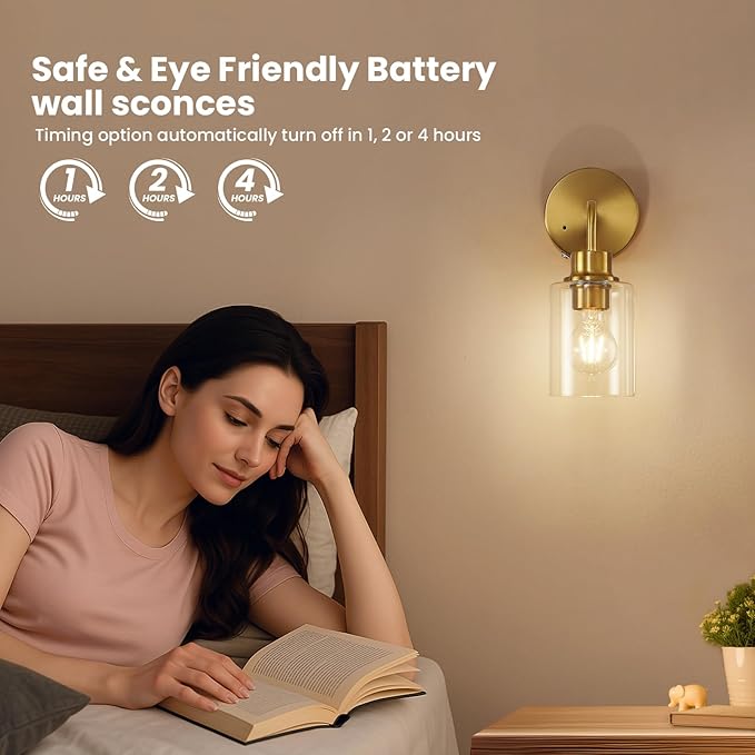 Battery Operated Wall Sconce Set of Two - Dimmable Wireless Sconces Set of 2 with Remote Control, Cordless Rechargeable Gold Wall Lights 3000K Modern wall lamp for Bathroom Bedroom Living Room