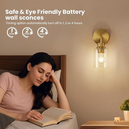 Battery Operated Wall Sconce Set of Two - Dimmable Wireless Sconces Set of 2 with Remote Control, Cordless Rechargeable Gold Wall Lights 3000K Modern wall lamp for Bathroom Bedroom Living Room