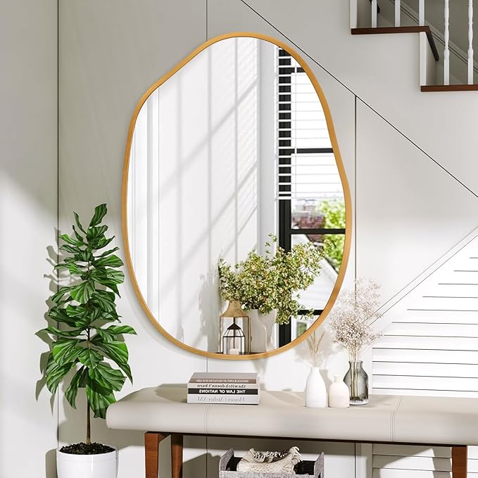 Gold Irregular Metal Framed Bathroom Mirror for Wall, Large 26