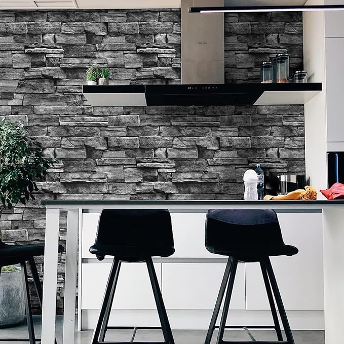 Jeweluck Grey Brick Wallpaper Peel and Stick Wallpaper 17.7”×393.7” Faux Stone Wall Paper Peel and Stick Brick Contact Paper for Kitchen Stone Self Adhesive Removable Decorative for Walls Vinyl