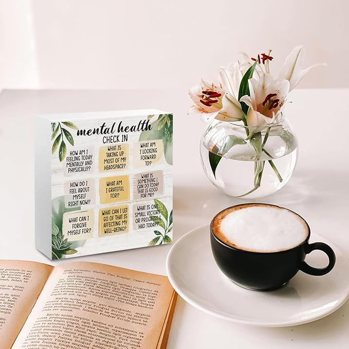 Mental Health Office Decor Wood Box Sign, Positive Self Affirmations Wooden Box Sign Office Desk Decorative Signs, Inspirational Counselor Office Desk Signs Decor, Cheer Up Gifts for Coworkers Friends