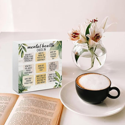 Mental Health Office Decor Wood Box Sign, Positive Self Affirmations Wooden Box Sign Office Desk Decorative Signs, Inspirational Counselor Office Desk Signs Decor, Cheer Up Gifts for Coworkers Friends