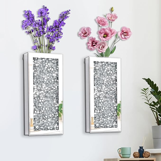 Crushed Diamond Mirrored Wall Decor Vase Crystal Silver Mirror Flower Vase Stunning Decorative Glass Hanging Planter for Home Decor Living Room Dining Room Bedroom Wall Decor.Can't Hold Water(2 Set)