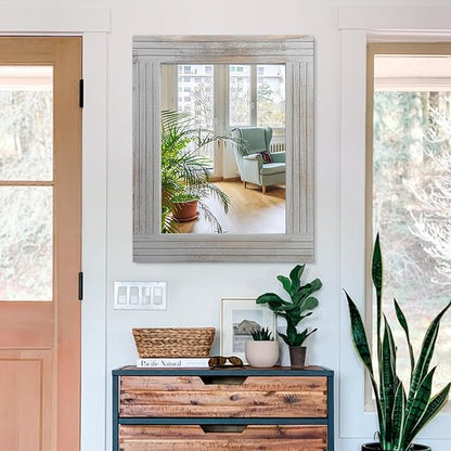 Large Rustic Wall Mirror, Rectangular Vintage Wood Framed Large Mirror Deco Farmhouse Living Room Bathroom Bedroom Entrance Mirror Light Gray 26" x 18"