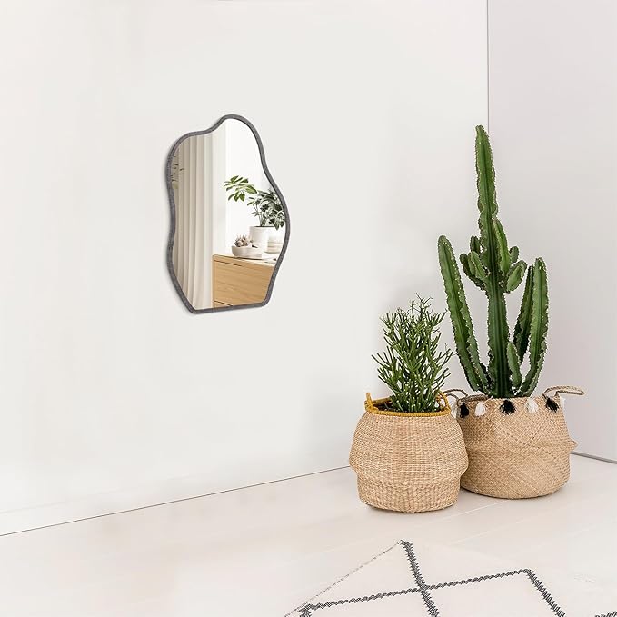 Wood Frame Mirrors Asymmetrical Irregular Wall Unique Shape Modern Wall Mounted Vanity Artistic Mirror Decorative for Living Room Bedroom Bathroom Entryway Hallway Small 14