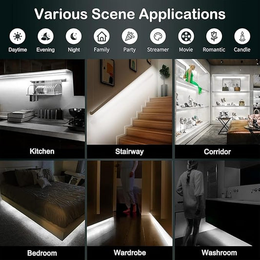 Motion Sensor Under Cabinet Lights - Plug-in LED Strip Lights Indoor with Power Adapter, Dimmer and Timer for Kitchen Cabinet, Counter, Shelf, Showcase, Stairway, Bedroom, Corridor, Washroom