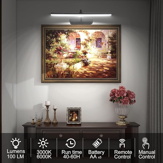 Picture Light,3AA Battery Wall Lights,Wireless Art Lights for Paintings,Remote Control Accent Light with Timer and Dimmable for Frame,Portrait,Mirror-Black
