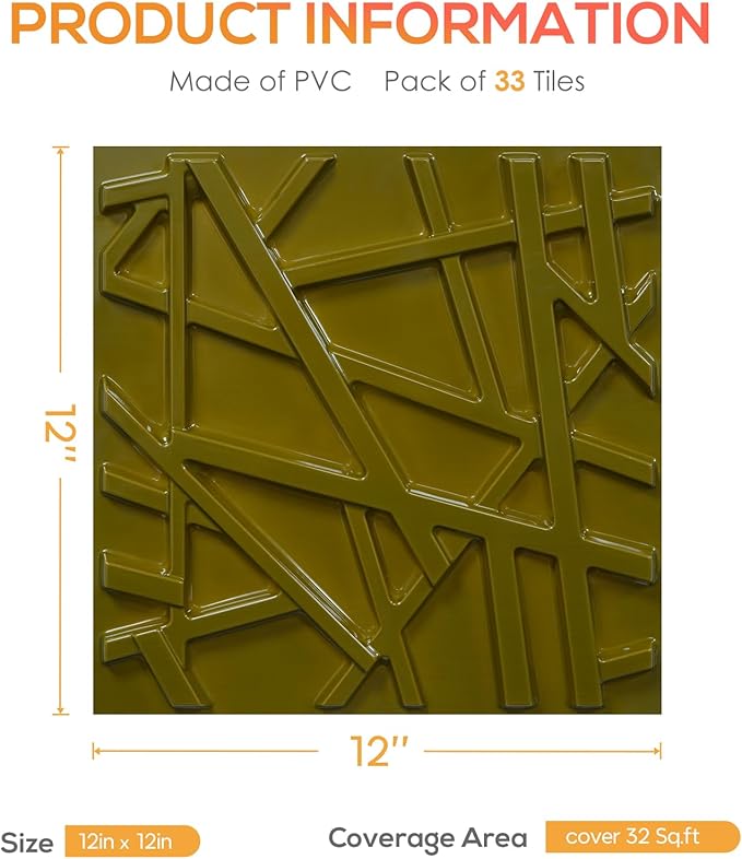 3D Wall Panels for Interior Wall Decor, 11.8''x11.8'' 33 Pack Accent Textured Wall Panels for Living Room, Gaming Room, TV Background, Cover 32 Sq.Ft (Brushed Gold)