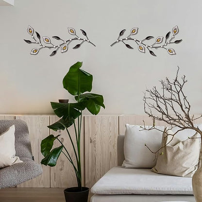sxnzequnze 2 Pcs Metal Leaf Wall Art Crystal Bling Decorations Silver Leaves 3D Iron Handmade Home Decor Hanging Minimalist Accents Modern Set for Living Room Bathroom Bedroom Dining Room Hallway