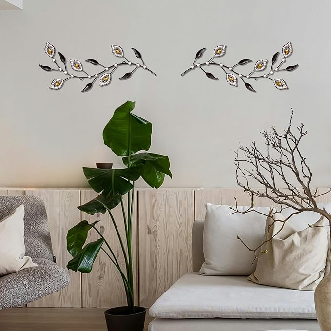 sxnzequnze 2 Pcs Metal Leaf Wall Art Crystal Bling Decorations Silver Leaves 3D Iron Handmade Home Decor Hanging Minimalist Accents Modern Set for Living Room Bathroom Bedroom Dining Room Hallway
