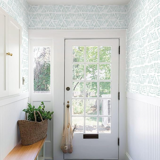 Peel and Stick Wallpaper Modern Geometric Wallpaper 17.3" x 78.7" Green and White Contact Paper Boho Striped Self Adhesive Removable Wall Paper for Bedroom Cabinets Drawers Waterproof Vinyl Roll
