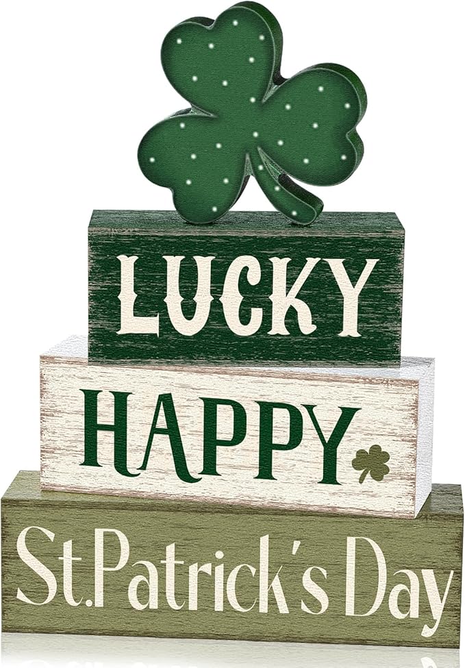 Marsui 4 Pcs St. Patrick's Day Decorations Shamrock Wooden Signs Green Irish Tabletop Centerpieces rustic Distressed Shamrock Blocks St Patricks Day Decor for Home Table Kitchen Shelf Tiered Tray