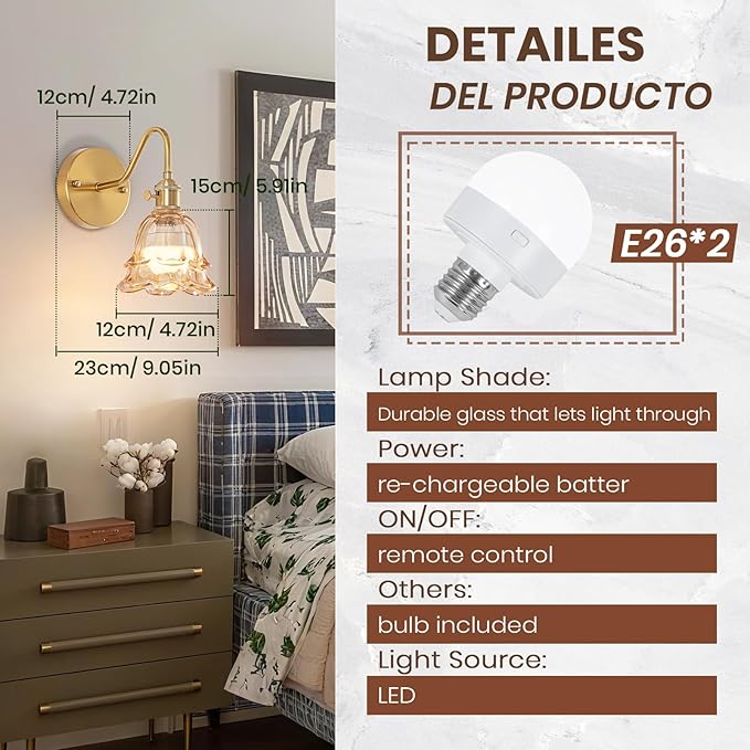 Vintage Battery Operated Wall Sconce, Rechargeable Wireless Wall Sconces with Remote Control, Indoor Wall Light Amber Glass Lampshade with RGB Dimmable for Bedroom, Living Room, Set of Two