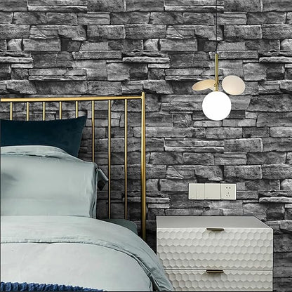 Jeweluck Grey Brick Wallpaper Peel and Stick Wallpaper 17.7”×393.7” Faux Stone Wall Paper Peel and Stick Brick Contact Paper for Kitchen Stone Self Adhesive Removable Decorative for Walls Vinyl