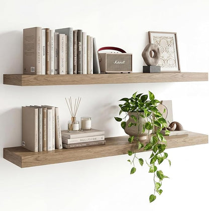 INHABIT UNION 47in Floating Shelves for Wall, Wall Mounted Shelves for Decor Storage Set of 2, Floating Shelf for Bedroom, Bathroom, Living Room and Kitchen（Gray Oak）