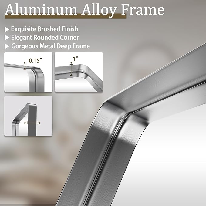 VooBang Bathroom Mirror 30x48 inch, Silver Gorgeous Deep Frame Wall Mirror, Modern Round Corner Bathroom Vanity Mirror for Bedroom, Living Room, Hanging or Leaning Horizontal or Vertical, Silver