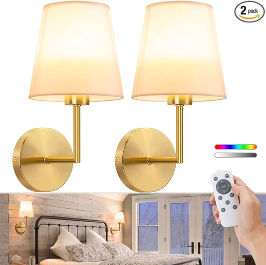 VOLISUN Battery Operated Wall Sconce Set of Two,Gold Wireless Sconces Set of 2 Rechargeable,Battery Operated Wall Lights for Bedroom Living Room Hallway(9 Colors)