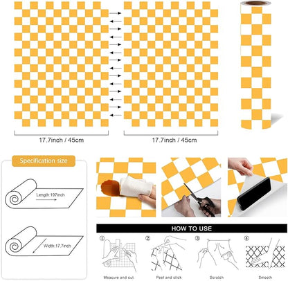 Modern Peel and Stick Wallpaper Orange and White Mosaic Checkered Contact Paper 17.7"x197" Self Adhesive Lattice Wallpaper Removable Decorative Wallpapers for Bedroom Countertops Cabinet Vinyl Roll