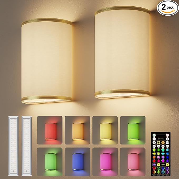 EZVALO Battery Operated Wall Sconce, Wireless Wall Sconces Set of Two with Remote, 3 Color & 80 RGB Rechargeable Wall Lights, Dimmable, Timer, White Linen Shade Wall Decor for Bedroom, Living Room