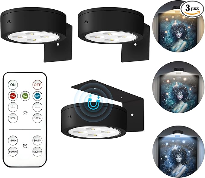 3Pcs Picture Lights for Wall Battery Operated, Magnetic Led Painting Light with Remote Dimmable and Timer, 3 Lighting Modes Art Display Light for Picture Frame, Wireless Wall Decor Puck Lights, Black