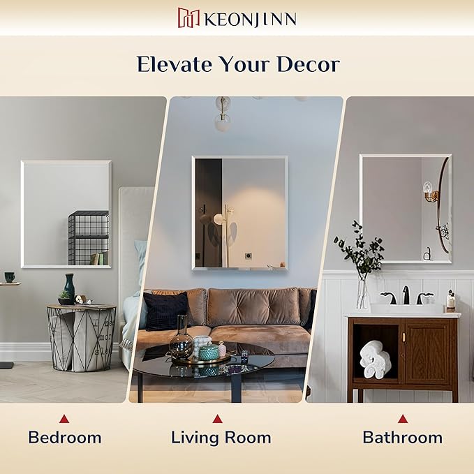 Keonjinn 16 x 24 Inch Frameless Bathroom Mirror, Beveled Mirrors for Bathroom Sink, Shatterproof Wall Mirror, Modern Decorative for Living Room, Entryway, Bedroom, Horizontal/Vertical