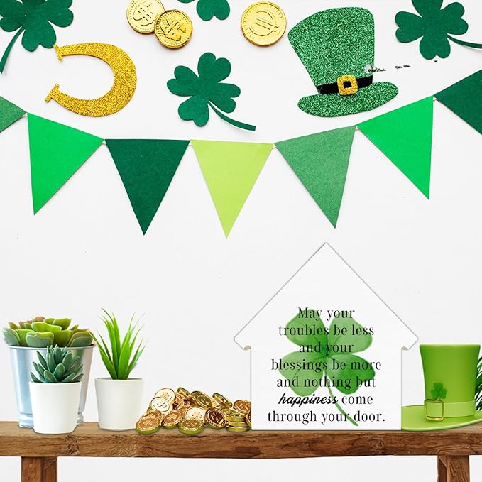 St. Patrick's Day Decor, Clover Decorations, May Your Troubles Be Less and Your Blessings Be More House Shaped Wood Block Sign, Home Decor for Desk Table Shelf, St Patricks Day Decorations
