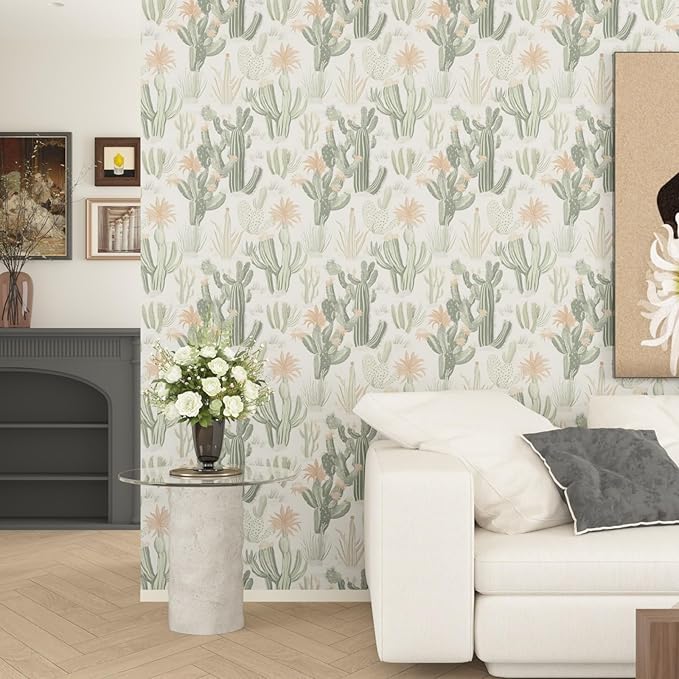 Cactus Wallpaper Peel and Stick, Beige Green Succulent Contact Paper, 17.5