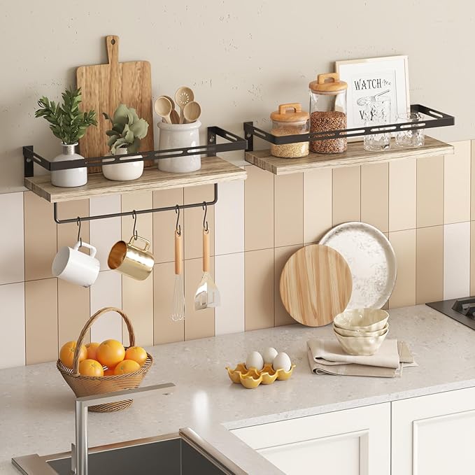YGEOMER Floating Shelves for Bathroom Organizer Over Toilet, Wall Mounted Bathroom Shelves with Towel Bar, Wall Shelf for Bedroom Kitchen Living Room Storage (Rustic Brown-Black)