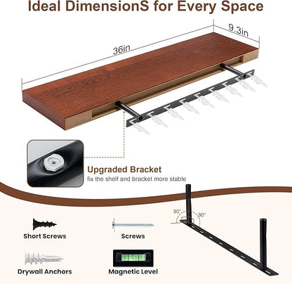 RICHFOCUS Floating Shelves for Wall | 9.3 Inch Deep Rustic Set of 2 With Solid Ash Wood Veneer | 36 Inch With Upgraded Brackets | for Living Room Bathroom Home Office
