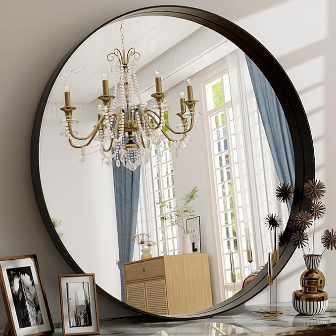30 Inch Round Bathroom Mirror - Wall Mounted Circle Mirror with Metal Frame, Modern Mirror Suitable for Bathroom, Vanity, Entryway, Living Room, Wall Decor,Black