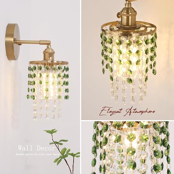 Set of 2 Crystal Battery Operated Wall Sconce,Rechargeable Wall Lamp with 5400mAh Battery & Remote Control, Modern Dimmable Wireless Wall Lights for Bedroom Bathroom (Green, Gold Base)