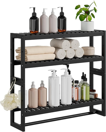 RRX Bathroom Shelf Storage Organizer, Bathroom Shelf 3-Tier Adjustable Layer Bamboo Organizer with Bar, Hanging, Freestanding Over Toilet Utility Shelves, Black