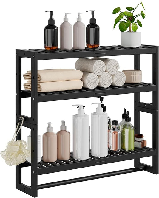 RRX Bathroom Shelf Storage Organizer, Bathroom Shelf 3-Tier Adjustable Layer Bamboo Organizer with Bar, Hanging, Freestanding Over Toilet Utility Shelves, Black