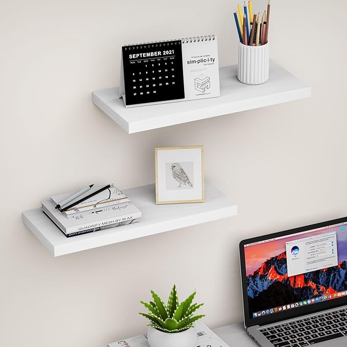 Floating Shelves (Set of 2) – Wall Mounted Shelves for Home Décor and Storage, Natural Pine Wood, Suitable for Living Room and Bedroom (White, 15.7