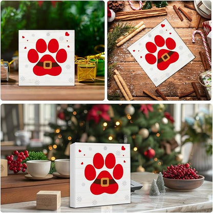 Farmhouse Christmas Decor, Christmas Decorations Indoor, Red Dog Paws Wooden Sign Rustic Home Shelf Desk Decor 5 x 5 Inches