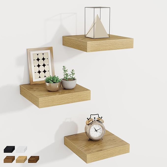 Fun Memories Small Floating Shelves for Wall - 8 Inch Square Wall Shelves with Invisible Brackets, Oak Shelves for Bathroom, Living Room, Bedroom, and Kitchen Decor, Set of 3