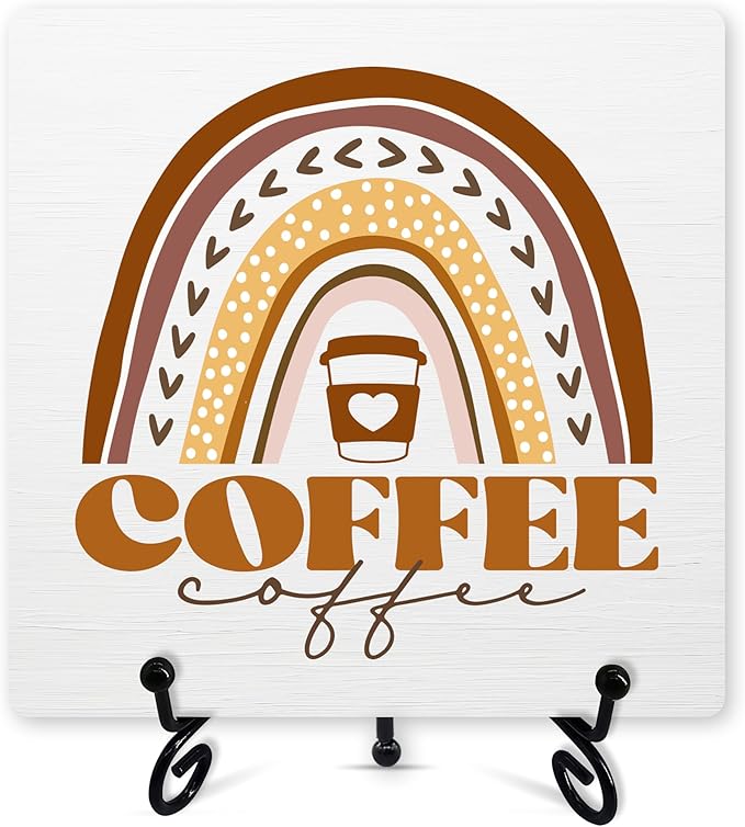 Boho Rainbow Coffee Sign With Iron Stand, Wood Plaque for Station, Shop, Home, Kitchen, Cafe, Farmhouse Bar Desk Shelf Decoration -04