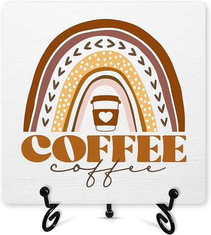 Boho Rainbow Coffee Sign With Iron Stand, Wood Plaque for Station, Shop, Home, Kitchen, Cafe, Farmhouse Bar Desk Shelf Decoration -04