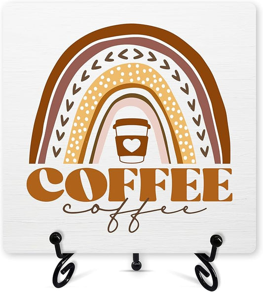 Boho Rainbow Coffee Sign With Iron Stand, Wood Plaque for Station, Shop, Home, Kitchen, Cafe, Farmhouse Bar Desk Shelf Decoration -04